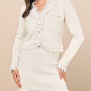 Lulus Pristine And Pretty Ivory Fringe Two-piece Sweater Mini Dress White